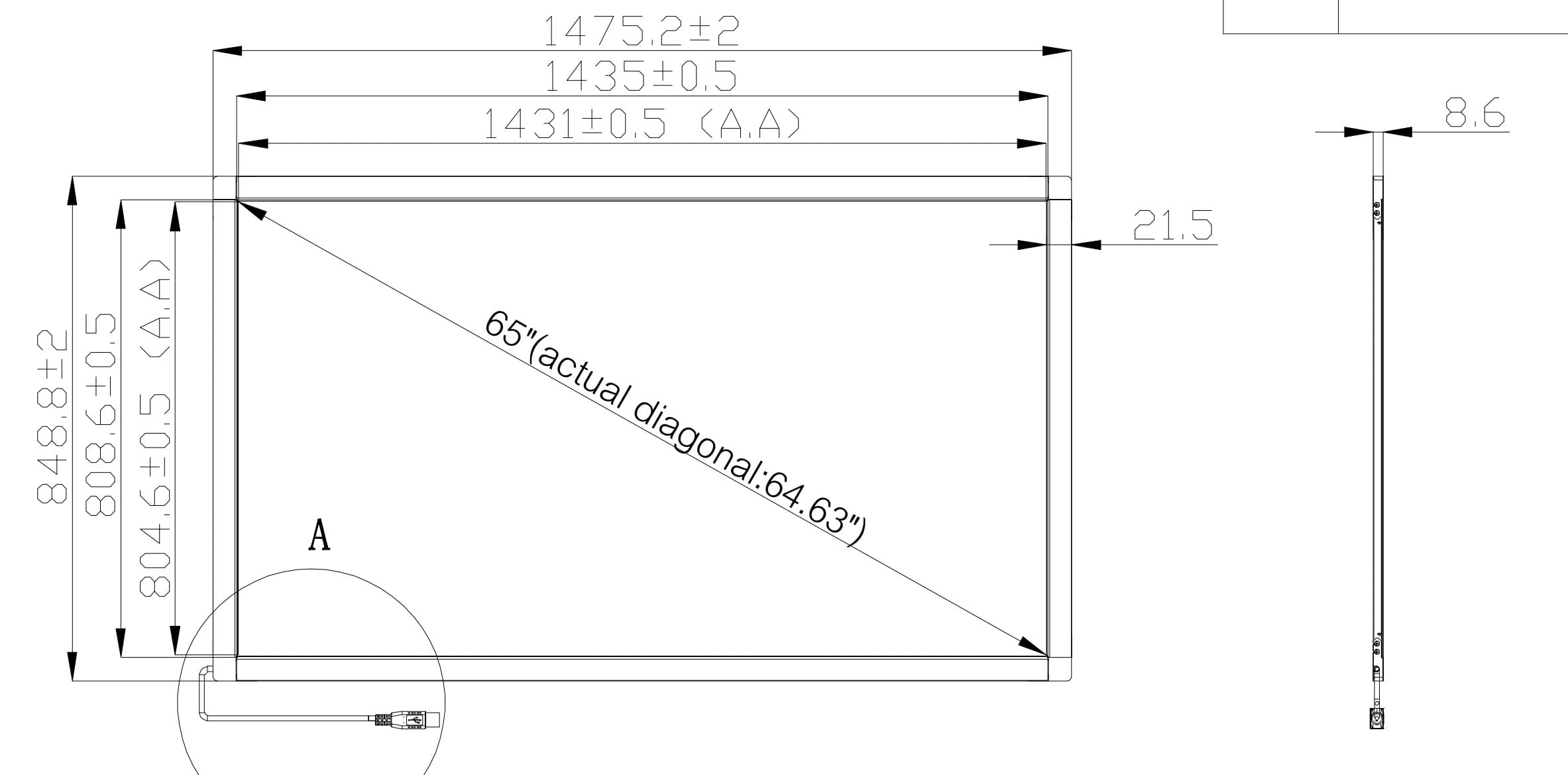 Kích thước màn hình cảm ứng 65inch PQLabs G5