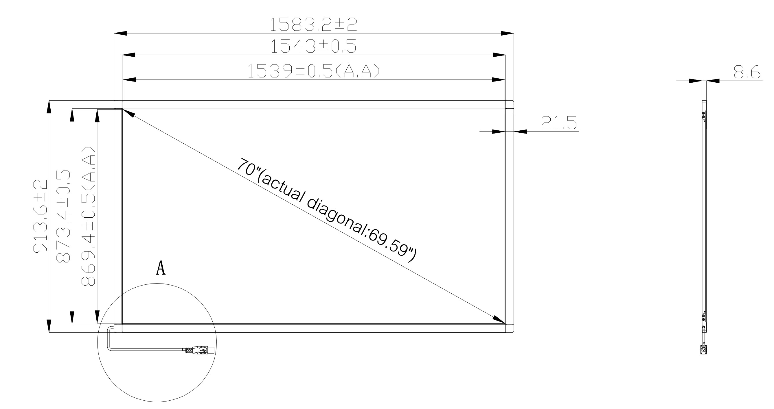 Kích thước màn hình cảm ứng 70inch PQLabs G5