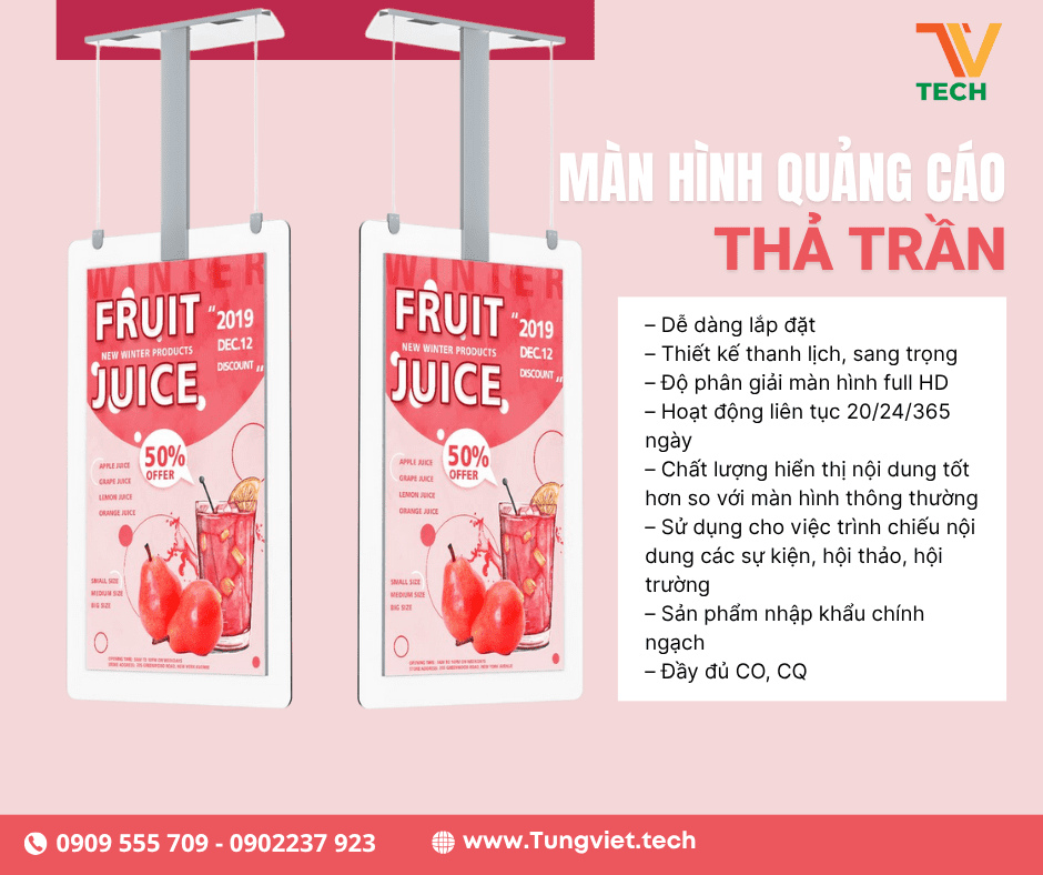 MÀN HÌNH QUẢNG CÁO THẢ TRẦN CỦA TV TECH – GIẢI PHÁP HIỂN THỊ TỐI ƯU CHO KHÔNG GIAN HIỆN ĐẠI